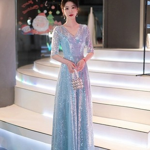 主持人晚礼服女大合唱团演出服气质亮片星空学生独唱艺考演讲服装