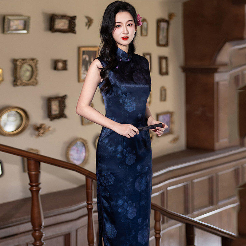 无袖蓝色国风新中式长款改良旗袍2026新款年轻款女感礼服夏季
