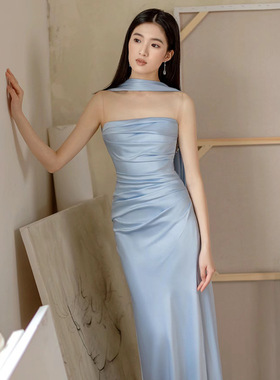 蓝色晚礼服裙女2026新款感高端轻奢小众抹胸订婚法式高定晚宴