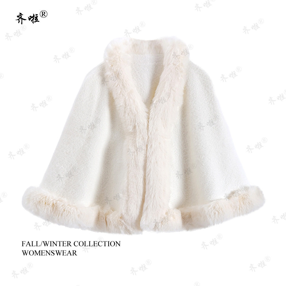 秋冬新款国风仿貂绒皮草毛领斗篷披肩纯色短款宽松开衫外套披风女