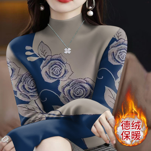 新款2024德绒保暖打底长袖秋冬洋气时尚高级复古印花套头小衫上衣