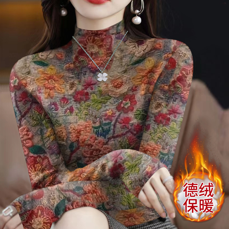 德绒保暖印花T恤女秋冬新款气质妈妈装宽松大码半高领套头打底衫