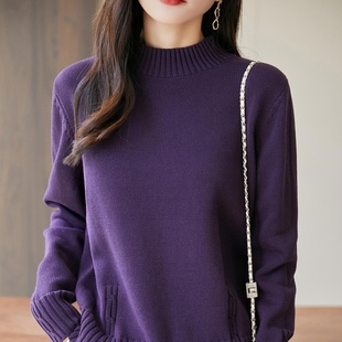 100%纯棉线针织衫女半高领扭花打底衫宽松版加厚不起球全棉上衣