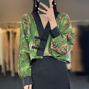 国风复古印花醋酸百搭外套女短款宽松亲肤感改良汉服盘扣缎面外套