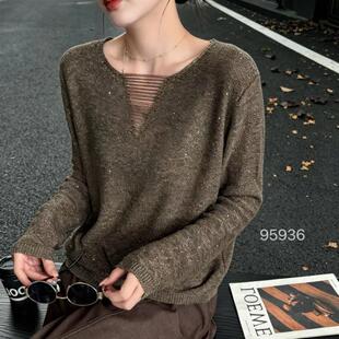 2026秋季新款女装时尚潮流韩系慵懒风V领长袖薄款时髦镂空针织衫