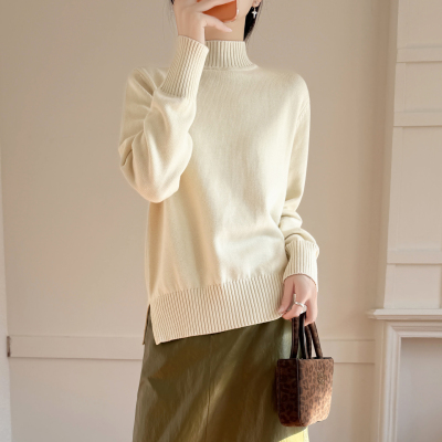 100%纯棉半高领毛衣女秋冬宽松外穿慵懒风加厚套头针织打底衫上衣