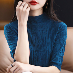半高领五分袖 100羊毛衫 针织衫 女短款 潮 25夏季 百搭软糯打底衫 新品