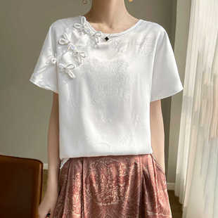 新中式盘口真丝短袖T恤衬衫女夏季圆领醋酸缎面提花国风上衣半袖