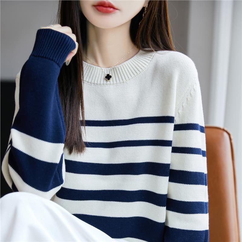 梯田条纹撞色圆领针织衫女立体长袖秋冬全棉线显瘦内搭毛衣打底衫