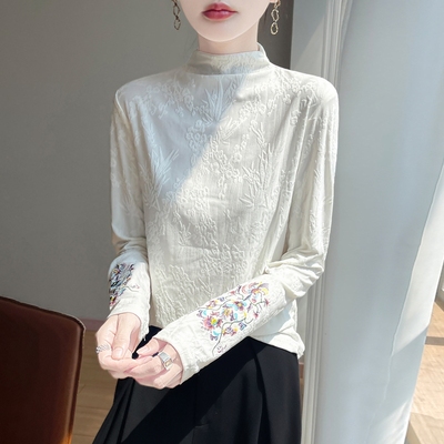 刺绣长袖打底衫女半高领