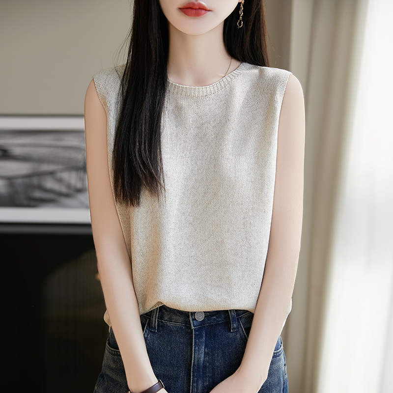 冰丝亚麻针织吊带背心女夏季外穿薄款无袖上衣打底衫西装内搭T恤