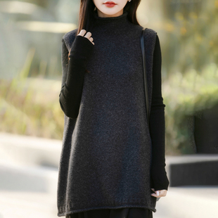 法式慵懒风半高领叠穿加厚针织马甲女秋冬保暖无袖中长款毛衣坎肩