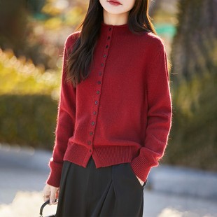 韩系立领开衫毛衣外套女秋冬时尚方形纽扣宽松纯色针织衫叠穿打底