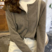 春秋新款 新款 圆领毛衣外套宽松百搭韩版 女短款 针织外搭 纯羊毛开衫