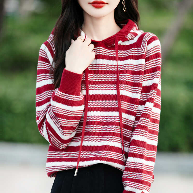宽松显瘦连帽2025秋冬条纹针织衫