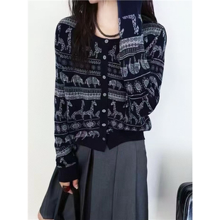 欧货高品质时尚复古小象提花薄款圆领单排扣羊毛针织开衫女2025秋