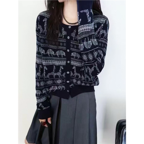 欧货高品质时尚复古小象提花薄款圆领单排扣羊毛针织开衫女2026秋