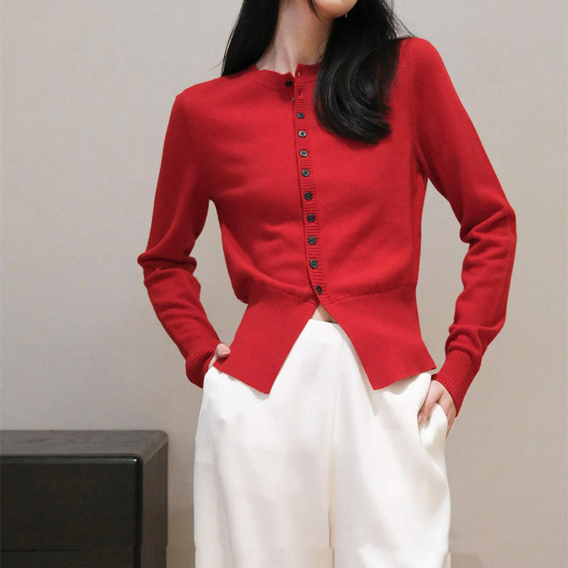 设计感~2025春秋圆领收腰开衩修身长袖100纯羊毛针织开衫女外套,女装/女士精品,毛针织衫,淘宝优惠券,粉丝福利购,淘宝优惠卷