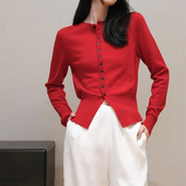 设计感 女外套 100纯羊毛针织开衫 2025春秋圆领收腰开衩修身 长袖