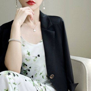 醋酸缎面质感A字裙女 碎花吊带连衣裙V领高腰性感过膝长裙2025夏季