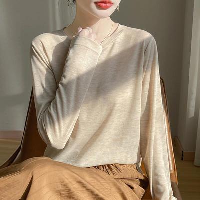 2025春季新款简约纯色系针织长袖T恤女薄款正肩圆领休闲上衣内搭
