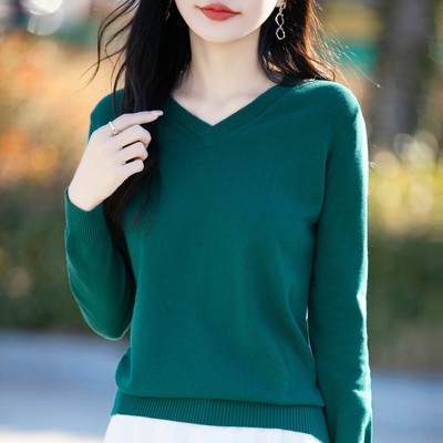 100纯棉针织v领打底衫女2025新款软糯内搭毛衣宽松百搭薄款上衣潮