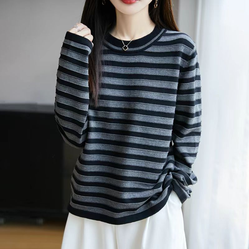 通勤韩系穿搭纯棉线针织衫女圆领休闲宽松长袖条纹上衣打底衫毛衣