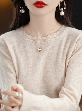 超百搭圆领毛衣女2024春季新款设计感花领洋气上衣薄款针织打底衫