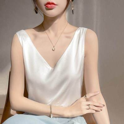 夏季仿真丝醋酸缎面V领吊带背心