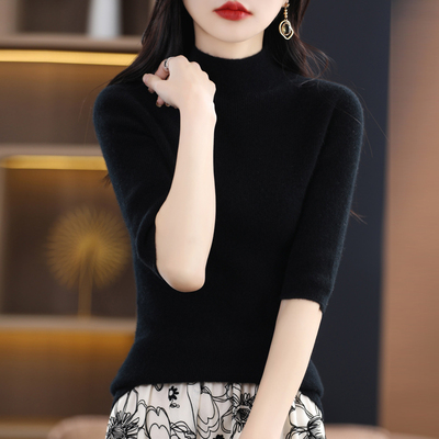 羊绒毛衣女半高领五分袖