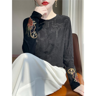 打底衫 圆领刺绣国风洋气拼接打底衫 2025秋装 女装 上衣 新款 新中式