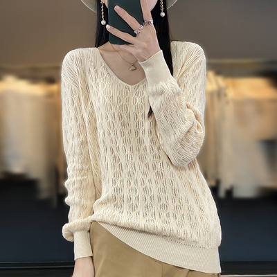 纯棉镂空针织衫女薄款V领