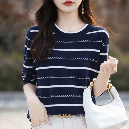 短袖t恤女2025夏新款条纹大码