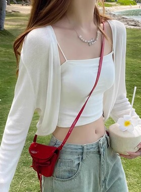 白色短款冰丝针织防晒开衫女薄款夏季吊带裙外搭薄纱外套空调罩衫