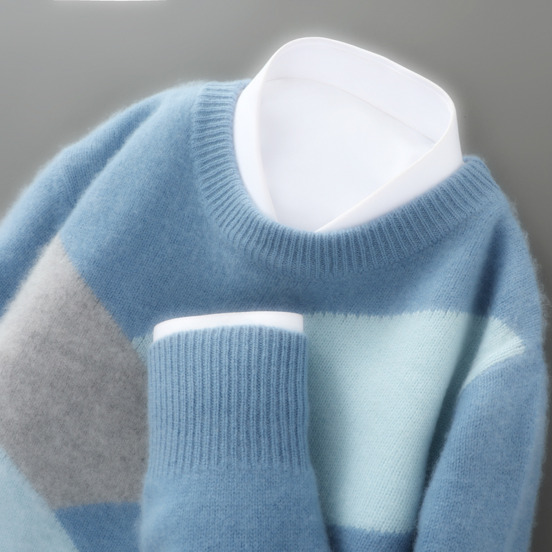 青年拼色加厚羊绒衫男士大码