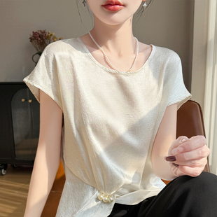 荡领气质缎面衬衫 薄款 女无袖 垂感女短袖 白色衬衣气质上衣 夏季 法式