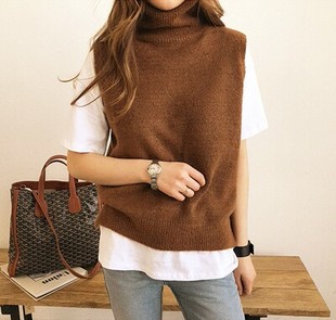 秋冬新款韩版针织马甲女高领打底羊毛衫背心宽松坎肩套头无袖毛衣