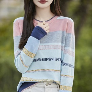 法式 上衣2025 复古彩虹条纹针织衫 女圆领毛衣舒适透气纯棉线打底衫