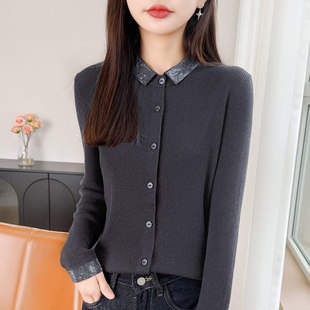 法式高端撞色烫钻翻领针织开衫女春秋外搭洋气上衣得体风打底毛衣