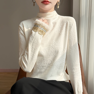 优雅新中式半高领加绒保暖打底衫女秋冬国风刺绣加厚马甲内搭上衣