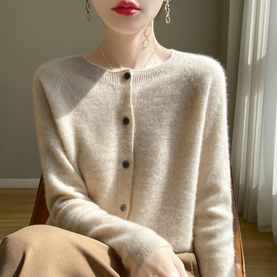 一线成衣圆领针织开衫外套女春秋新款毛衣外套刺绣纯色高级感上衣