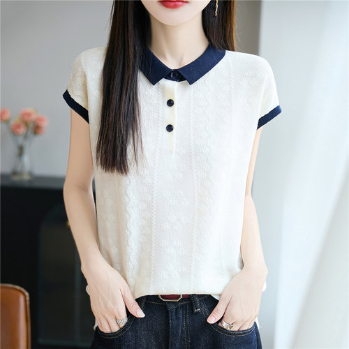 翻领撞色短袖t恤女夏季