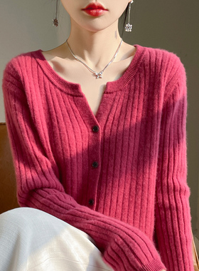 2025春季新款圆领坑条100纯羊毛衫女时尚休闲宽松针织毛衣外套