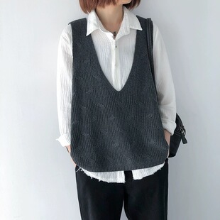 棉线针织马甲背心女2025秋冬宽松大码短外搭纯色无袖坎肩马夹上衣