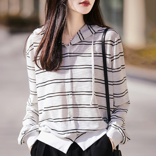 2026春夏休闲慵懒风条纹连帽薄款针织衫女长袖防晒衫带帽罩衫上衣