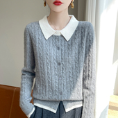 女显瘦拼色宽松气质春秋麻花针织衫 百搭纯羊毛衫 假两件25新款 时尚