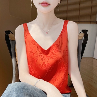 提花吊带背心女V领醋酸缎面宽松内搭真丝滑质感西装 高级美 小打底