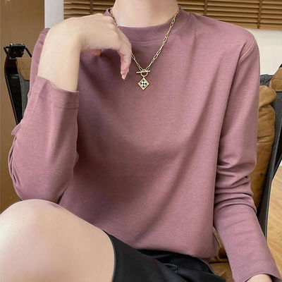 丝光棉长袖t恤女2025新款秋季中领纯棉半高领打底衫宽松正肩爆款