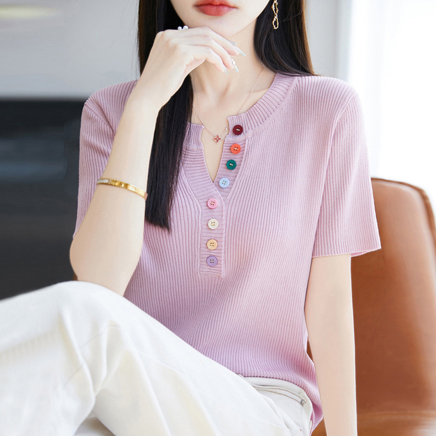 2026新款纯色纽扣针织短袖t恤女夏季薄款冰丝针织衫大码女装上衣