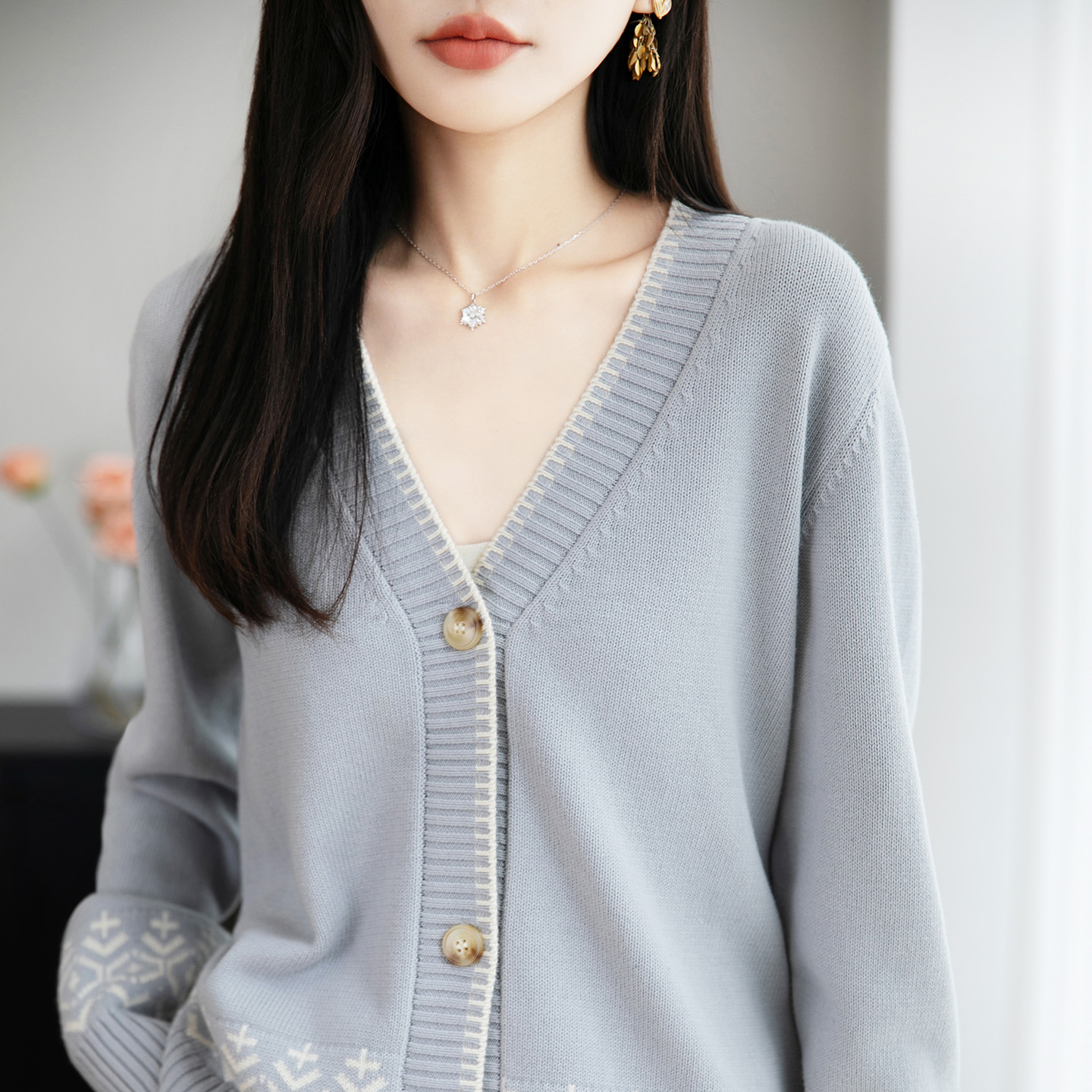 法式提花纯棉针织开衫女秋冬新款